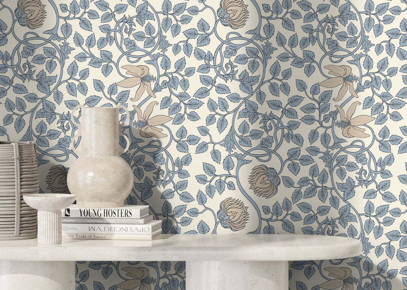 William Morris Wallpaper with Trailing Floral Vines in Light Blue and Beige - D506 - Sweet Water Decor - Wallpaper