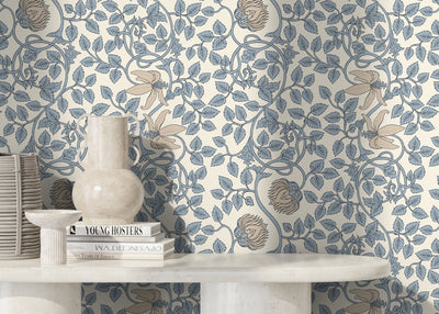 William Morris Wallpaper with Trailing Floral Vines in Light Blue and Beige - D506 - Sweet Water Decor - Wallpaper