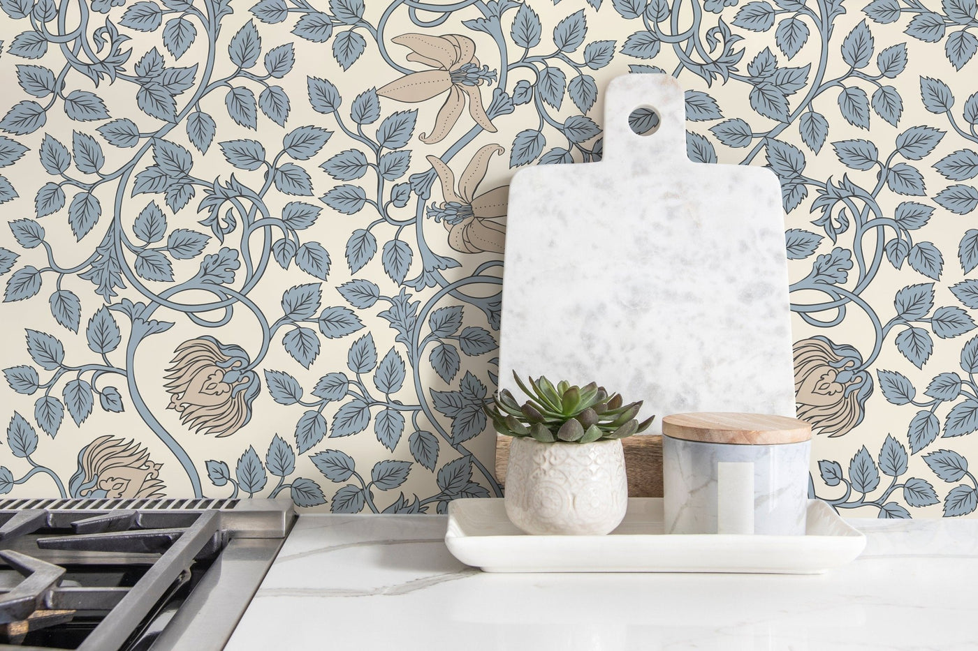 William Morris Wallpaper with Trailing Floral Vines in Light Blue and Beige - D506 - Sweet Water Decor - Wallpaper