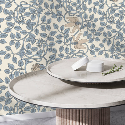 William Morris Wallpaper with Trailing Floral Vines in Light Blue and Beige - D506 - Sweet Water Decor - Wallpaper
