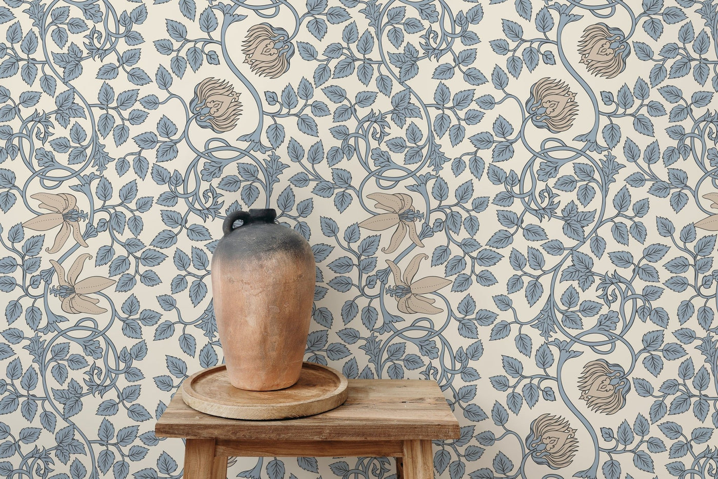 William Morris Wallpaper with Trailing Floral Vines in Light Blue and Beige - D506 - Sweet Water Decor - Wallpaper