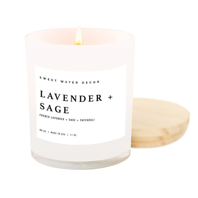 Lavender and Sage Soy Candle - White Jar - 11 oz - Sweet Water Decor - Candles