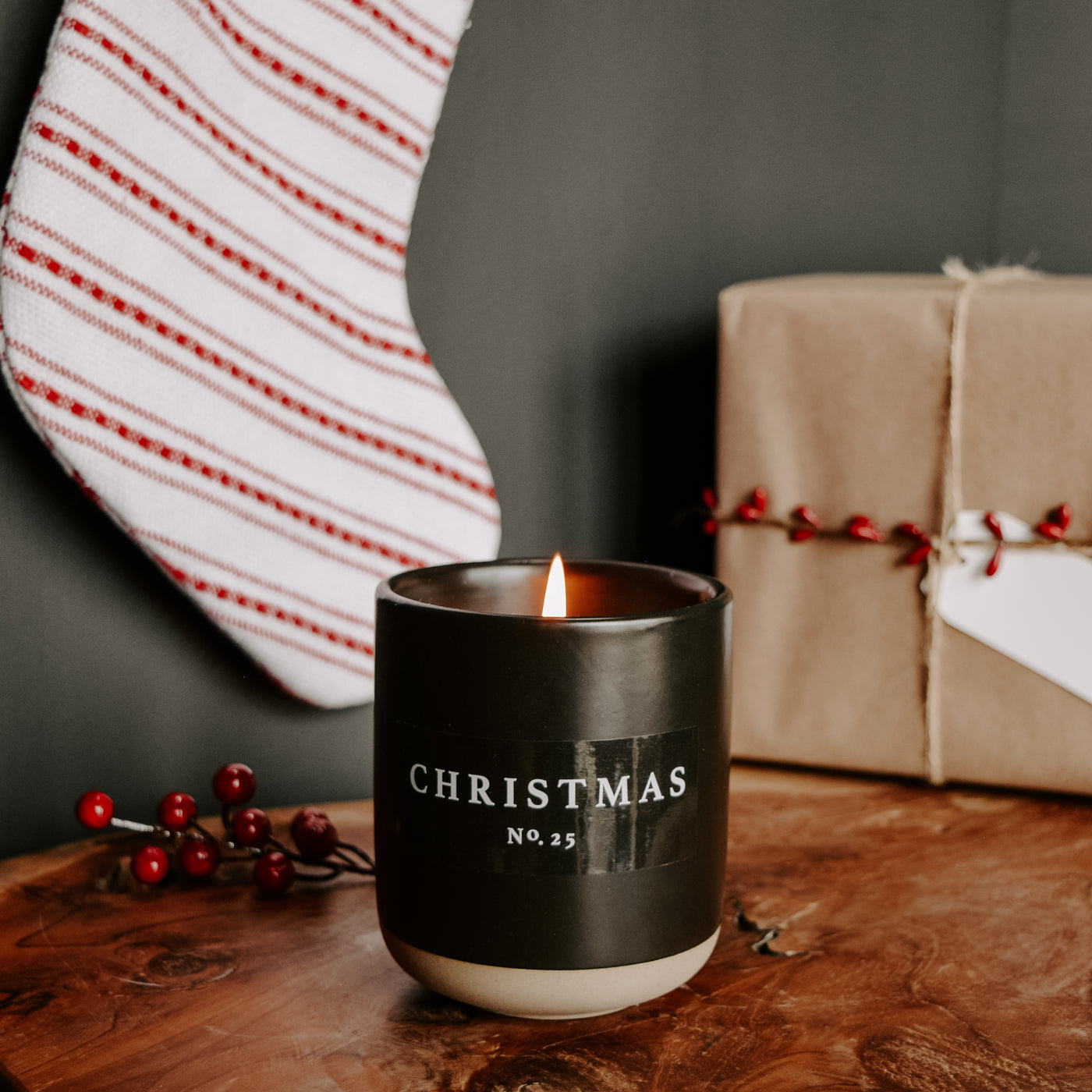 Christmas Soy Candle - Black Stoneware Jar - 12 oz