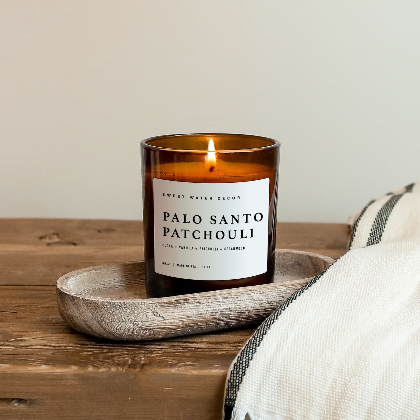 Palo Santo Patchouli Soy Candle - Amber Jar - 11 oz - Sweet Water Decor - Candles