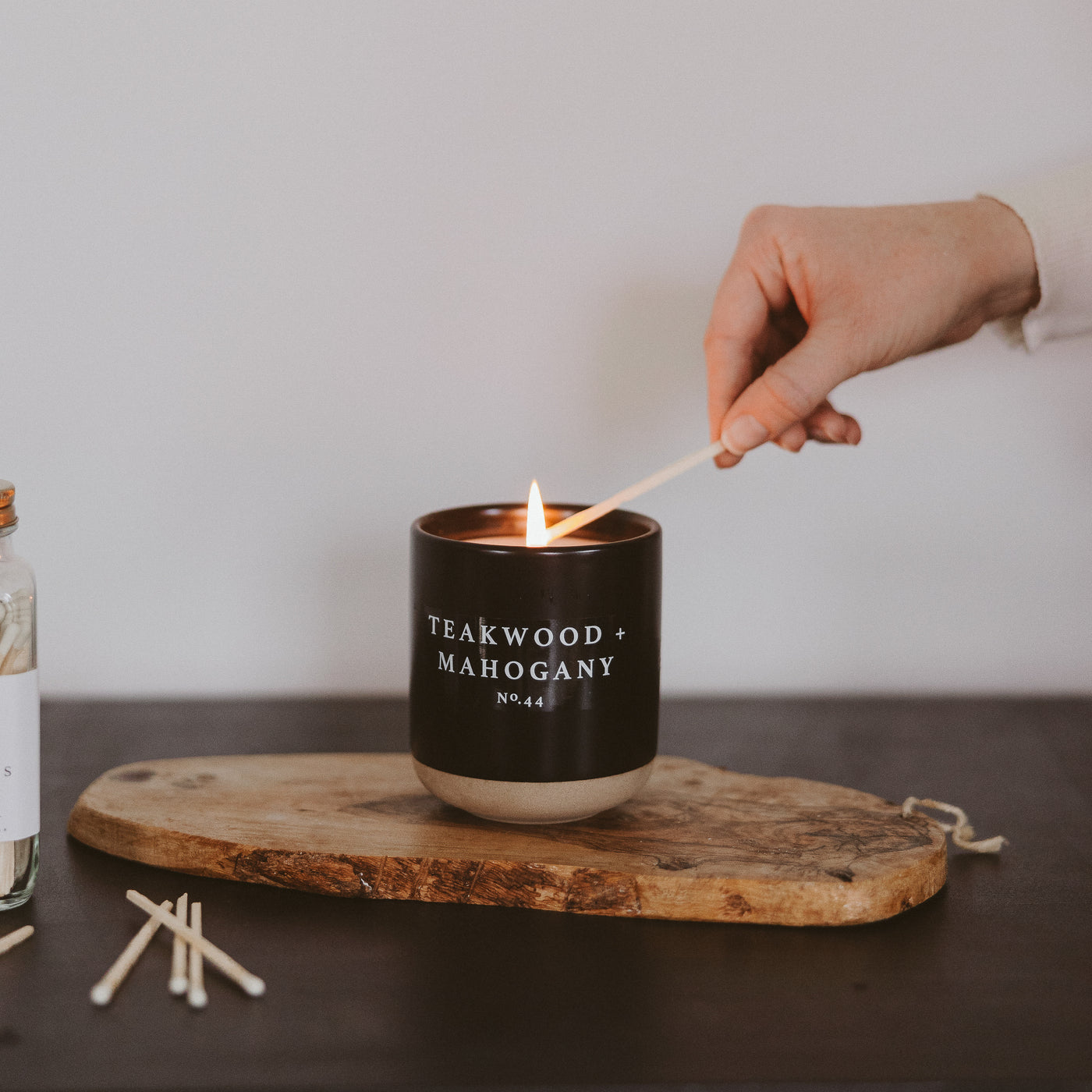 Teakwood and Mahogany Soy Candle - Black Stoneware Jar - 12 oz