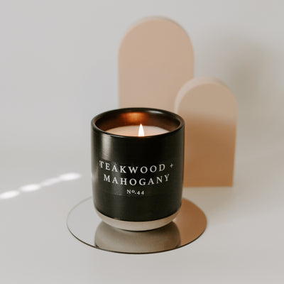 Teakwood and Mahogany Soy Candle - Black Stoneware Jar - 12 oz
