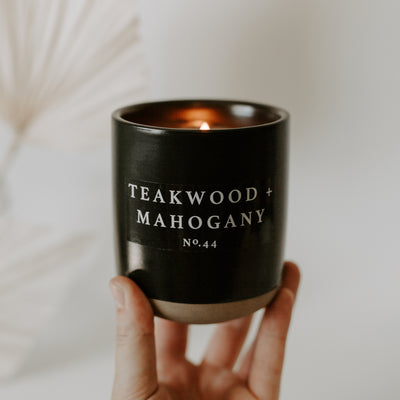 Teakwood and Mahogany Soy Candle - Black Stoneware Jar - 12 oz