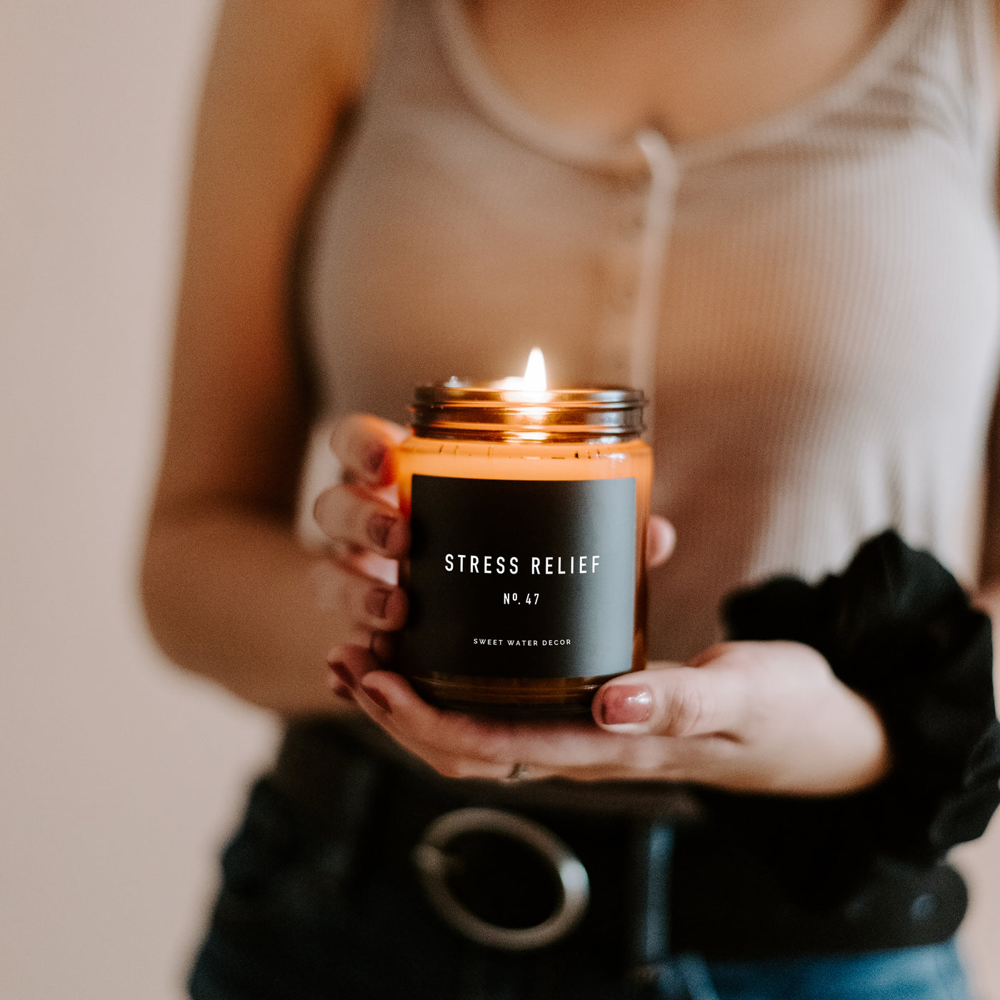 Amber jar stress relief candle