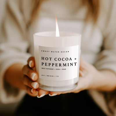 Hot Cocoa and Peppermint Soy Candle - White Jar - 11 oz