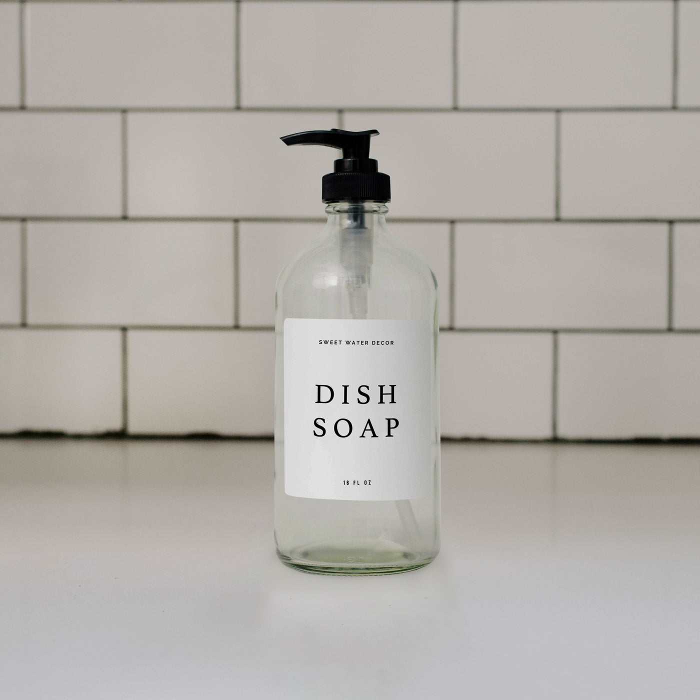 16oz Clear Glass Dish Soap Dispenser - White Text Label