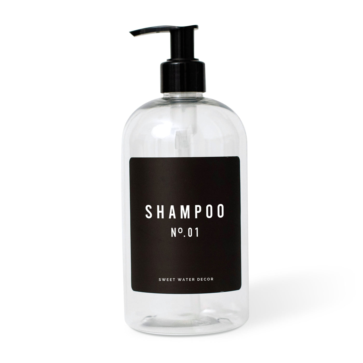 16oz Clear Plastic Shampoo Dispenser - Black Label - Sweet Water Decor - Dispenser - farmhouse decor