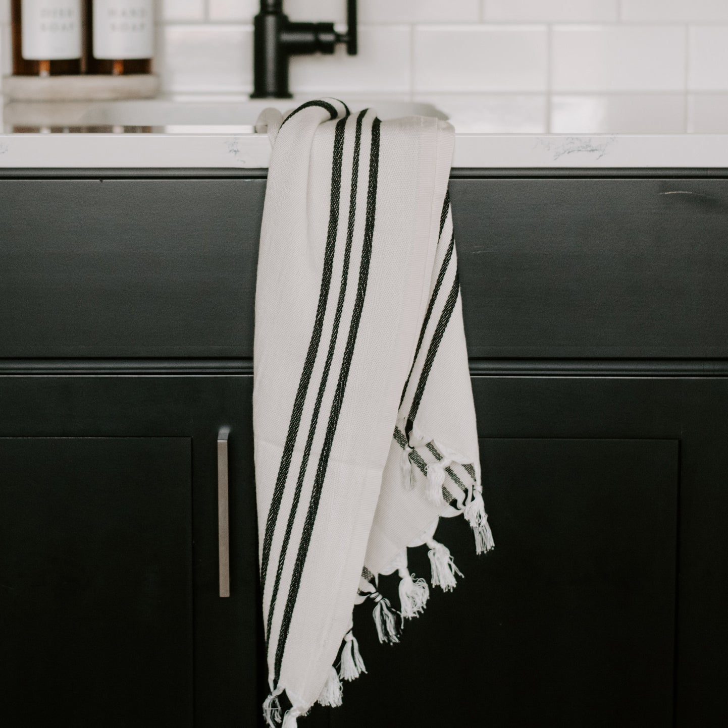 WETCAT Turkish Hand Towels with Hanging Loop 20 x 30 - Set of 2, 100 Cotton, Soft - Prewashed Unique Boho Farmhouse Kitchen Towels - Black and Whit