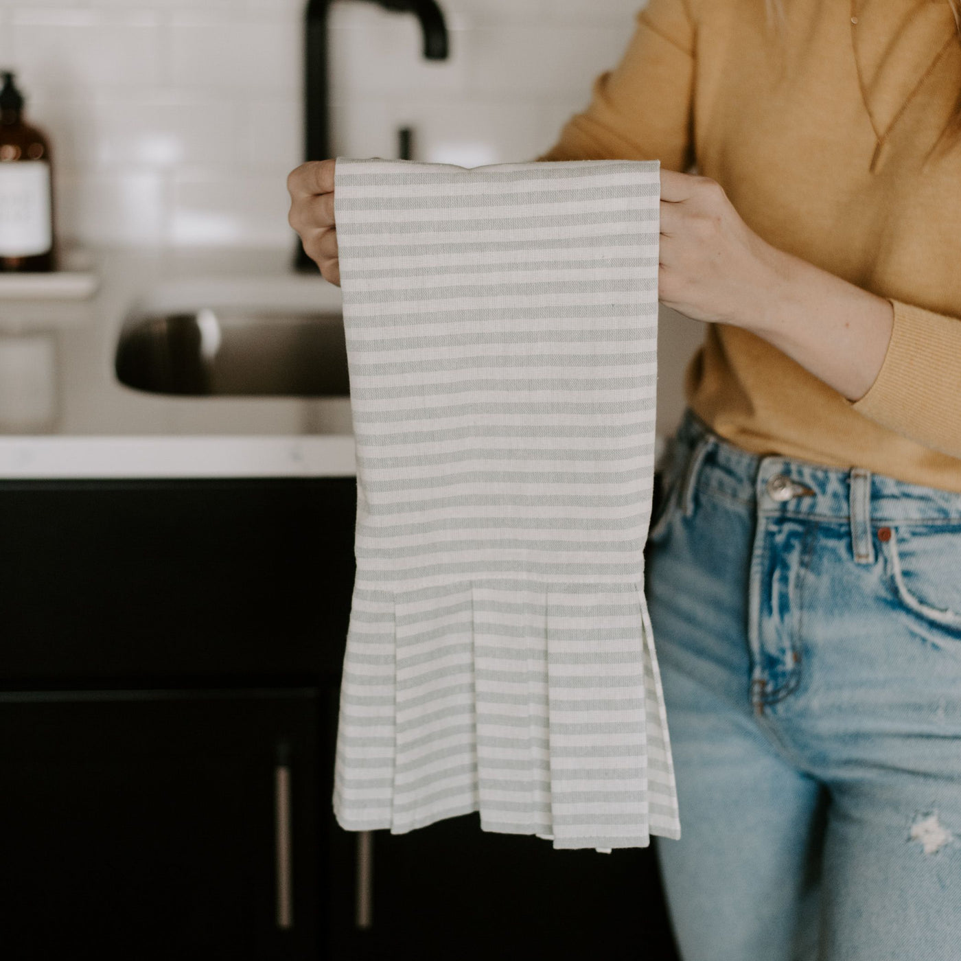 Grey Striped Tea Towel with Ruffle - Sweet Water Decor - Hand Towels